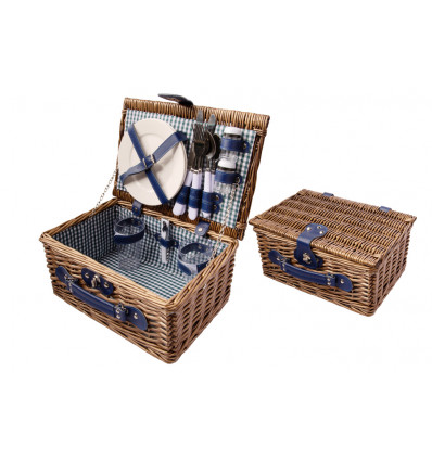 COSY&TRENDY Picknickmand voor 2personen 33x22x16cm - bruin wilg bekleding blauw