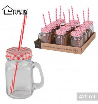 URBAN Drinkbeker met deksel en rietje - 420ml - vichy rood deksel - Jar TU UC