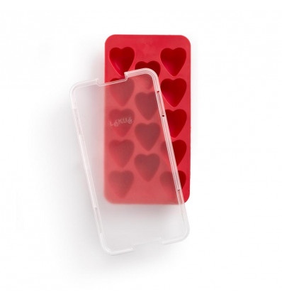 LEKUE - Ijsblokjesvorm rubber - rood met deksel - 14 hartjes