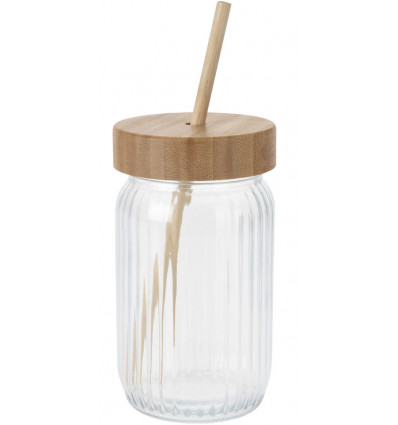 Drinkglas met bamboe deksel en rietje