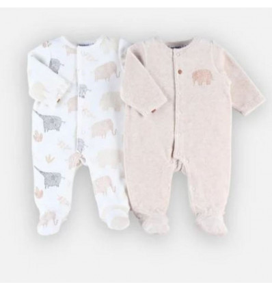 NOUKIES 2 pyjama's olifant - beige/ ecru- 6m