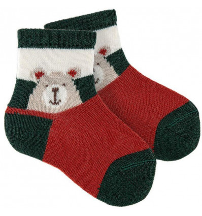 CONDOR Sokken merino wol teddy - groen/ rood - 12m