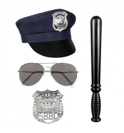 Set politie acc.- pet, bril, badge en knuppel 33cm