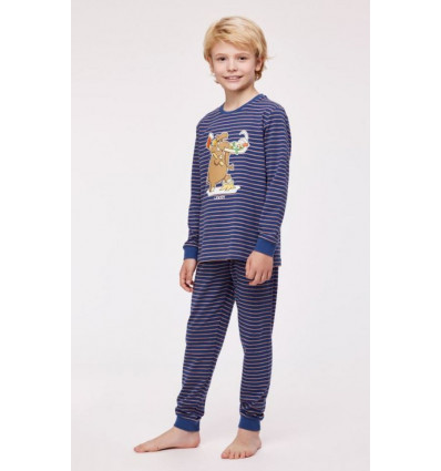 WOODY Pyjama unisex - d. blauw/ bruin streep - 10j.