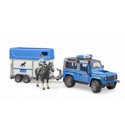 BRUDER - Land Rover politie met paarden trailer en agent op paard
