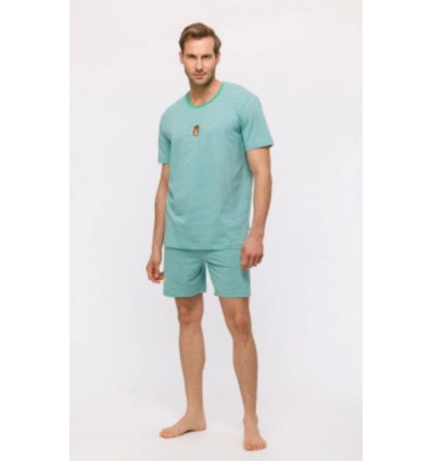 WOODY Heren pyjama - groen blauwe streep- XL